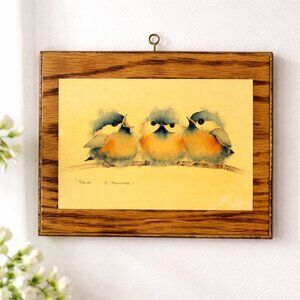 VTG Handmade Trio Bird Illustration Oak Wood Plaque Hanging Loop V. Pfeiffer